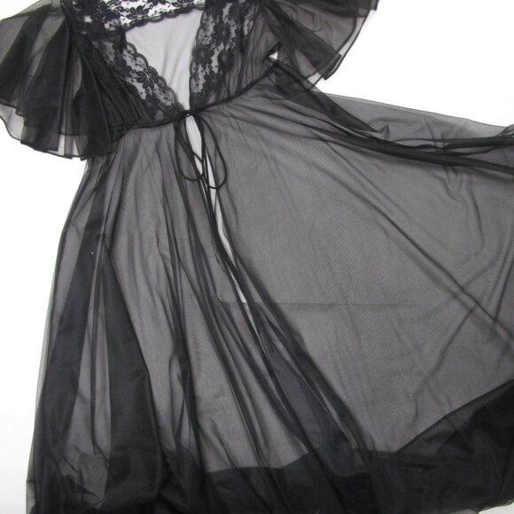 Black Peignoir Set Night Gown Robe Vintage Huge Sweep - Picture 7 of 16